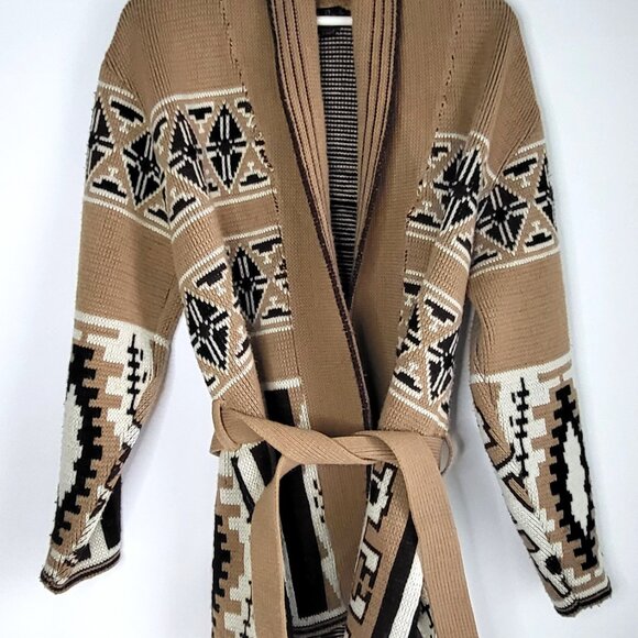 Vintage Southwestern Aztec Knit Cardigan • Belted Shawl Collar Jacket - Picture 2 of 7